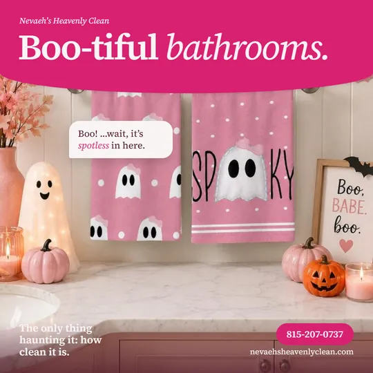 Pink Halloween bathroom with ghost hand towels, pink pumpkins, and candles under the words boo-tiful bathrooms