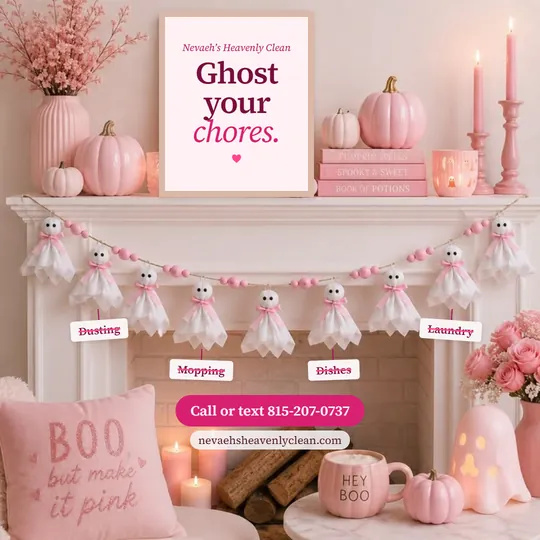 Pink Halloween mantel with a ghost garland, pink pumpkins, and a sign that reads ghost your chores, with dusting, mopping, dishes, and laundry crossed out