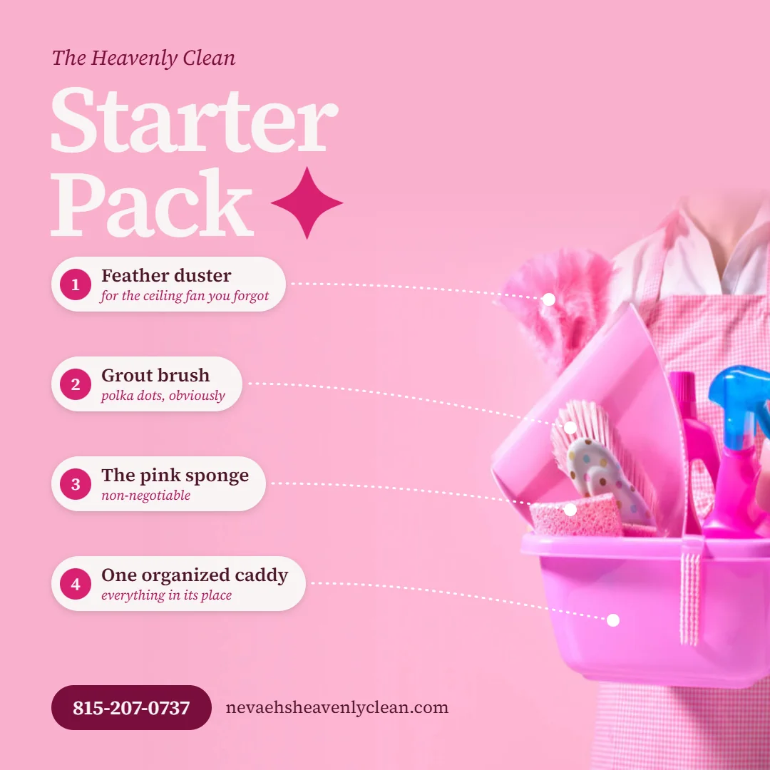Graphic of a pink cleaning caddy labeled the Heavenly Clean starter pack with a duster, grout brush, and sponge