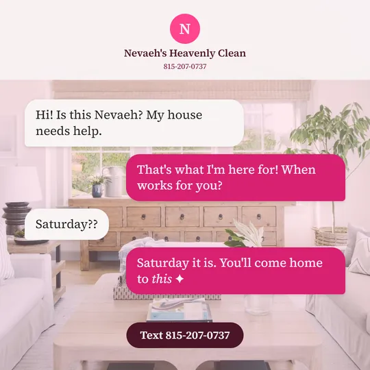Graphic of a text message thread booking a Saturday cleaning with Nevaeh