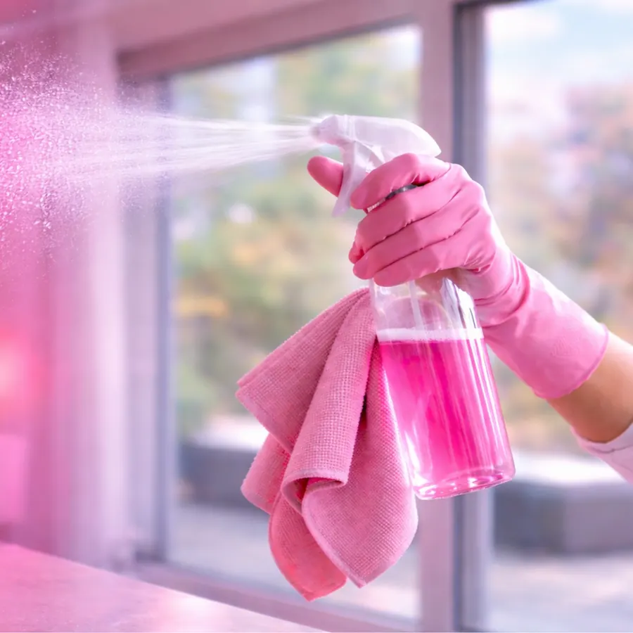 Gloved hand spraying pink glass cleaner near a bright window