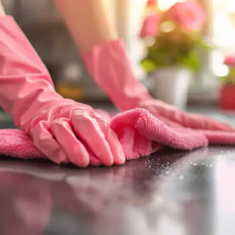 Pink gloved hands wiping a dark kitchen countertop with a pink microfiber cloth